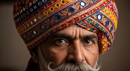 Intimate portrait of a distinguished man in traditional rajasthani headwear embodying cultural