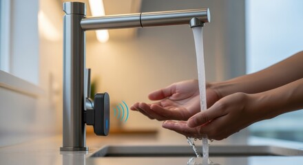 Hightech kitchen faucet with touchless retrofit sensor activating water flow automatically as hands approach showcasing smart home convenience.
