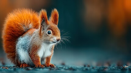Fototapeta premium Red squirrel sits on ground looking to the side with blurred background.