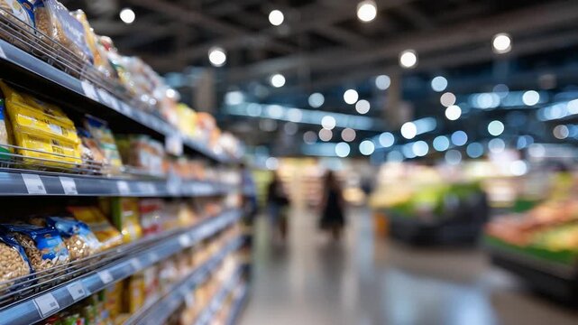 Explore a modern grocery store with neatly stocked shelves, vibrant product colors, and a clean interior, offering a panoramic shopping experience.