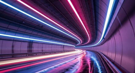 Futuristic tunnel vision with neon illumination and motion blur enhancing speed sensation
