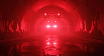 Intense crimson illumination fills an underground tunnel with symmetrical reflections