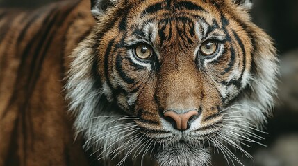 Close-up of a tiger with striking eyes and striped fur.