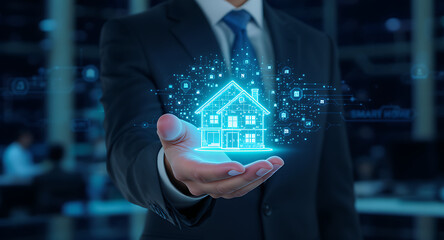 Businessman Holding Smart Home Hologram
