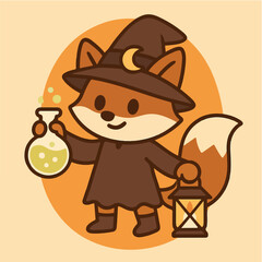 Little Witch Fox With Potion and Lantern — Kawaii Forest Halloween Character