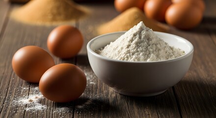 Fototapeta premium Still life of a bowl of flour with eggs and spices on a rustic wooden table with warm tones and a shallow depth of field.