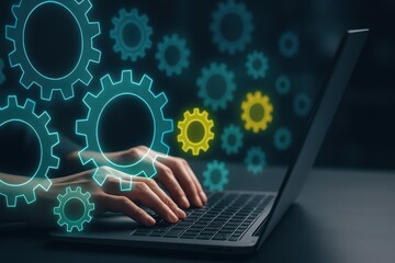 Hands typing on laptop with glowing gear icons symbolizing automation process management and digital technology
