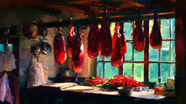 cured. Rustic kitchen with hanging cured meats and red peppers. menu design, packaging mockups, designed for food delivery and cloud-kitchen brand materials, used by curriculum designers.