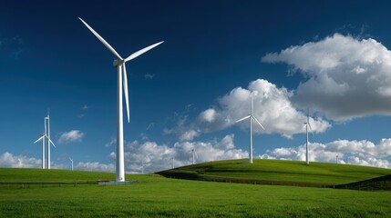 Wind Turbines in a Grassy Field Under a Cloudy Sky