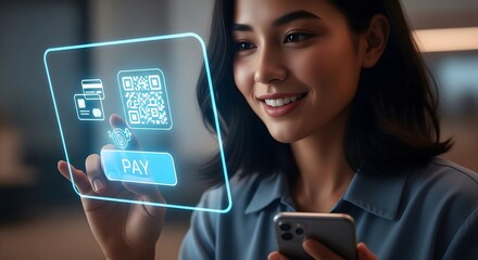 A smiling young Asian woman holding a smartphone and interacting with a digital payment interface projected in front of her.