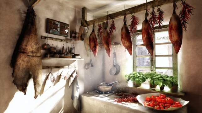 cured. Rustic kitchen with hanging cured meats and red peppers. menu design, packaging mockups, designed for food delivery and cloud-kitchen brand materials, used by curriculum designers.