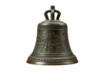 A bronze bell with intricate carvings, featuring a crown-shaped handle and detailed figures.