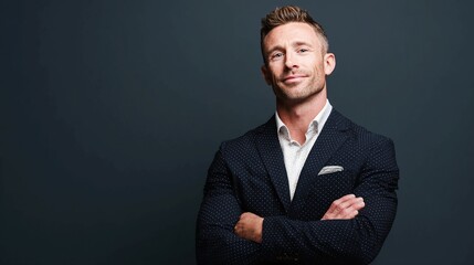 Confident businessman with arms crossed and a slight smile, exuding professionalism and success in a studio portrait, perfect for corporate branding and leadership themes.