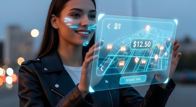 Woman in a black leather jacket interacting with a futuristic transparent screen displaying financial data and location markers at dusk.
