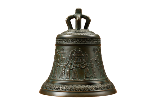 A bronze bell with intricate carvings, featuring a crown-shaped handle and detailed figures.
