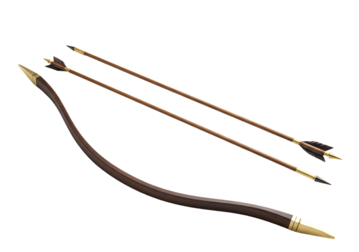 Bow and arrows, a traditional archery set, isolated on white background.