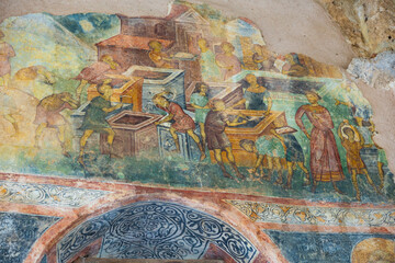 Antique frescoes on the walls of the serbian monastery Sopocani. Serbia