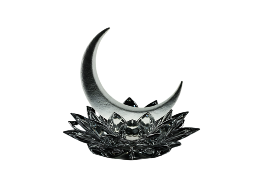 Crescent moon on lotus flower, crystal decoration, spiritual symbol.
