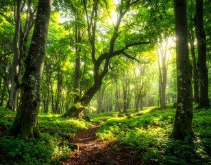 Obraz premium Lush forest path bathed in sunlight, showcasing vibrant greenery and towering trees.