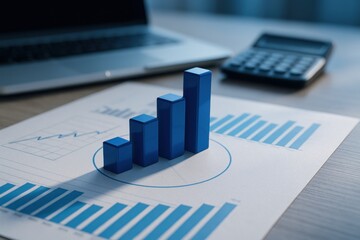 Financial report with 3d bar chart blue graphs calculator and laptop representing growth analysis and statistics
