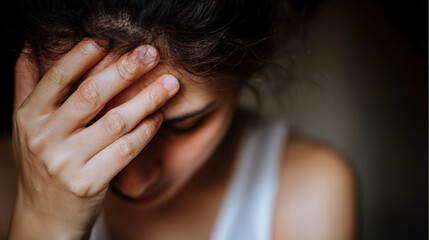 Fototapeta premium A woman is crying and her hand is on her forehead