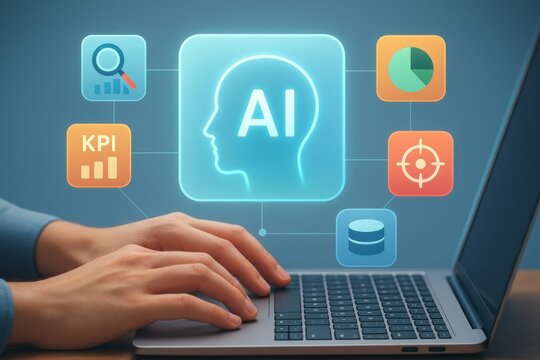 Hands typing on laptop with glowing ai head icon and kpi dashboard symbols representing artificial intelligence

