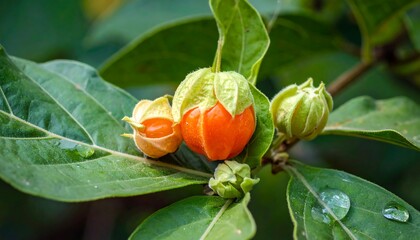 Close-up view of vibrant orange berries and developing green seed pods on lush green leaves, showcasing a beautiful botanical detail.