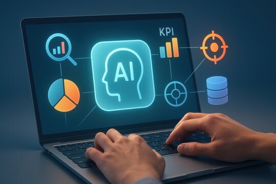 Laptop screen with glowing ai head icon kpi charts and analytics dashboard for business strategy and intelligence
