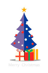 Fototapeta premium Merry Christmas Modern flat design blue split-color greeting card with tree, gifts on white background 