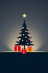 Fototapeta premium Merry Christmas Modern flat design greeting card with tree, gifts on dark background 