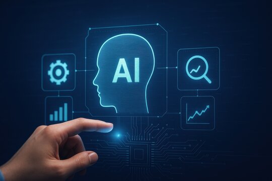 Futuristic hand touching ai head hologram with charts and analytics icons representing artificial intelligence data
 - Powered by Adobe