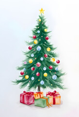 Fototapeta premium Drawing of happy Christmas tree and gift presents greeting card on isolated light background