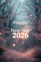 Magical glowing winter night greeting Happy New Year 2026 card wallpaper background pink snow