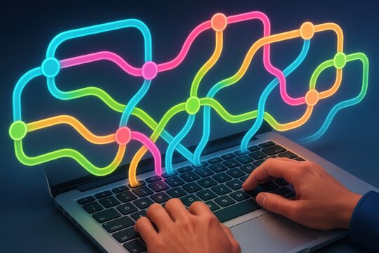 Hands typing on laptop with glowing colorful network diagram symbolizing data flow connectivity and digital processes
