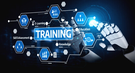 A futuristic concept showcasing a robotic hand interacting with digital icons related to training and education, emphasizing the role of technology in modern learning environments. Tessel