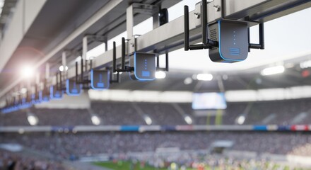 Hightech access points securely affixed to the ceiling of an outdoor stadium facilitating fast and stable WiFi signal for event attendees.
