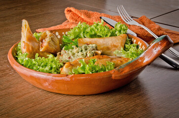 Crispy Fried Mexican Chimichangas Platter with Fresh Guacamole Dip