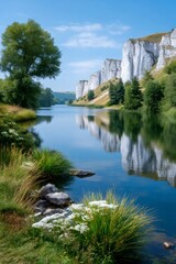 Fototapeta premium River flowing past white chalk cliffs reflecting in water