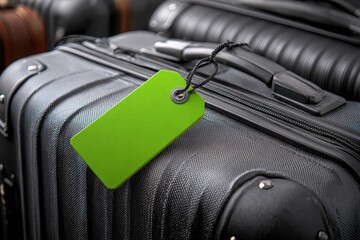 Luggage displaying vibrant green tag signifies travel readiness at busy airport terminal during peak travel season