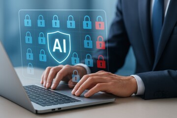 Businessman typing on laptop with ai shield and lock icons representing cybersecurity protection and artificial intelligence
