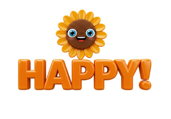 Cheerful sunflower character PNG illustration isolated above orange HAPPY text on transparent background Positive vibes and happiness