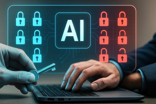 Business hands holding key near laptop with ai lock icons representing access control cybersecurity and encryption