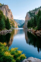 Fototapeta premium Canyon river reflecting mountains and pine trees