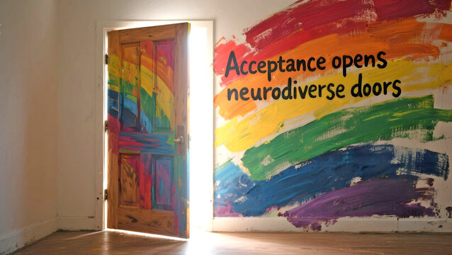 Painted rainbow door with Acceptance opens neurodiverse doors quote on wall, sunlight shining through symbolizing inclusion empowerment and neurodiversity pride