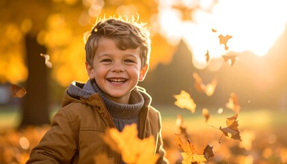 Smiling Child in Autumn Leaves with Golden Sunlight