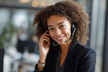 Smiling customer service representative assists clients with a friendly attitude in a modern office environment