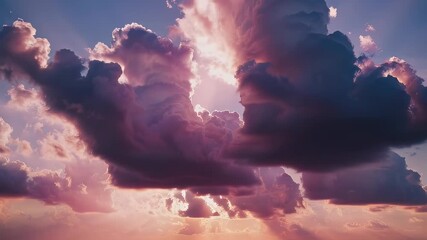 Majestic sky painted with shades of purple and pink. Sun rays pierce through the clouds - Powered by Adobe