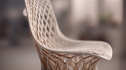 Obraz premium Medium shot of a sleek 3D printed chair showcasing intricate lattice patterns with soft background blur emphasizing the innovative design details.