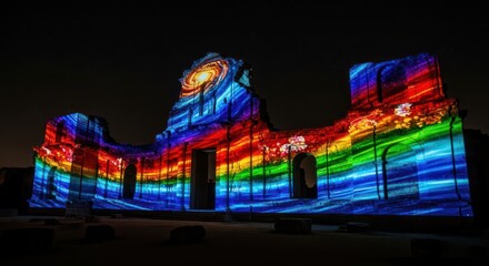 Colorful light projection on ancient architecture creates vibrant display at night