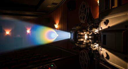 Nostalgic glow: Vintage film projector shining rainbow light in cinematic setting
